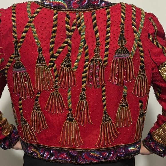 Vintage Niteline Red Sequined Holiday Jacket Tassels Silk Blazer 80s XL - Picture 3 of 9